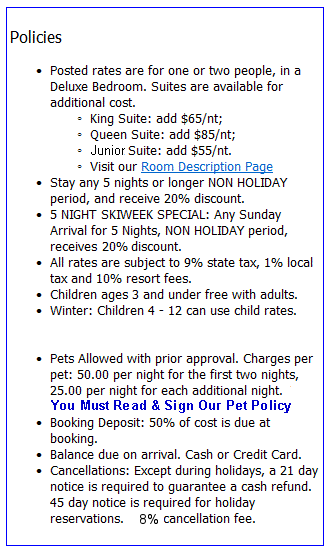 Policies at the Cascades Lodge, Killington Vermont