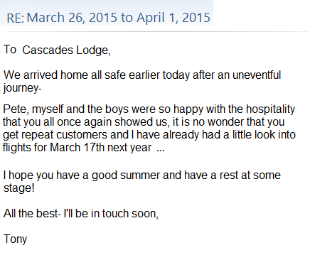 Tony Woodley's Testimonial for Cascades Lodge, 2015